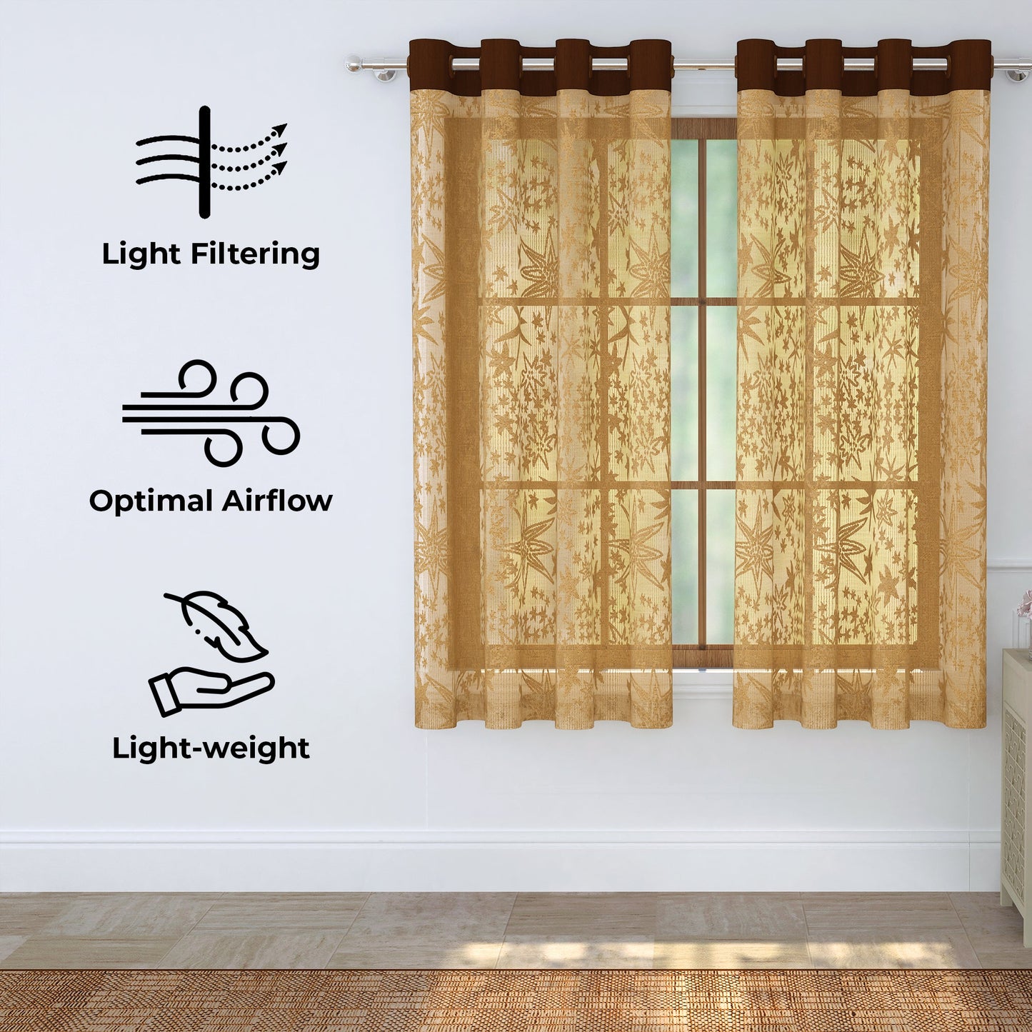 2 Pcs Gold Color Aura Sheer Net Polyester Window/Door/Long Door Curtains