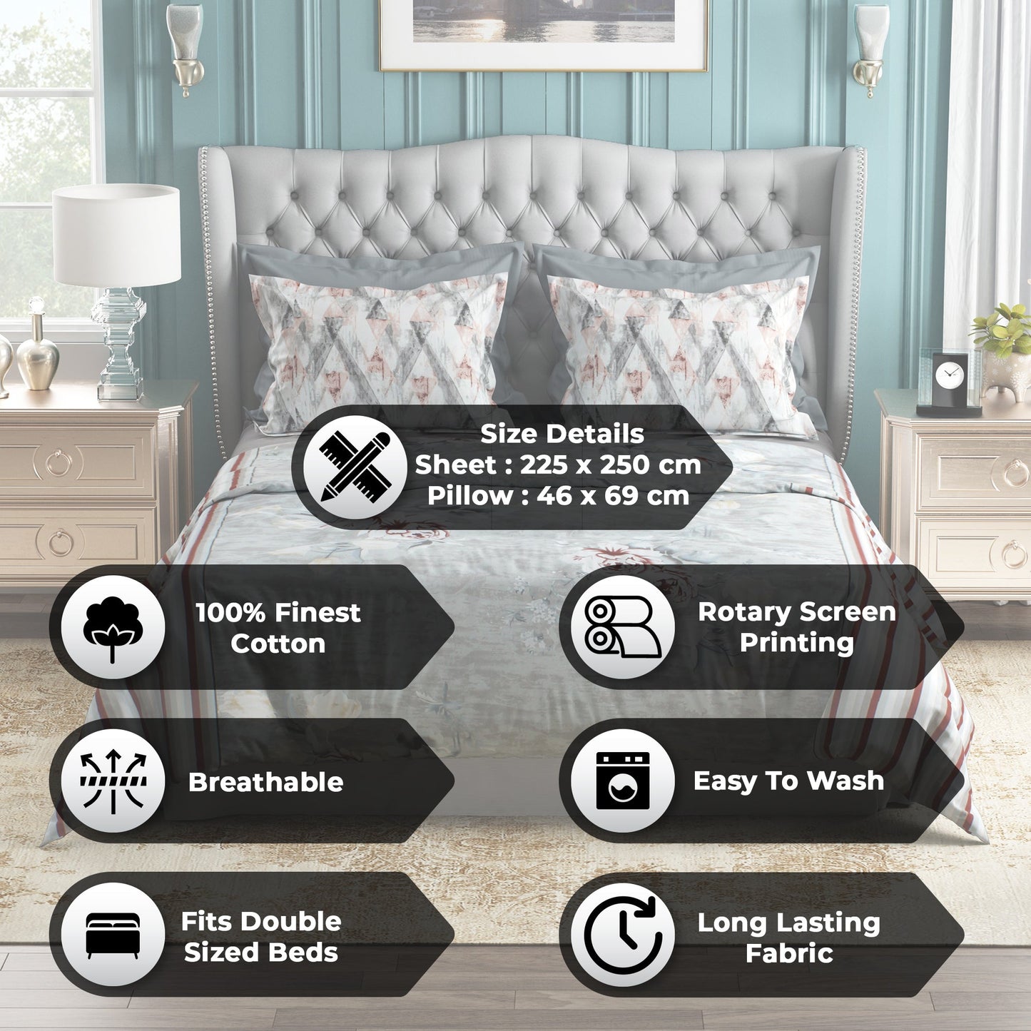 Studio Luxurious 144 TC 100% Cotton Grey Double Bedsheet