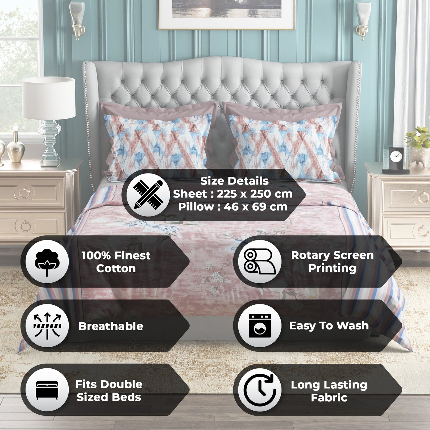 Studio Luxurious 144 TC 100% Cotton Peach Double Bedsheet