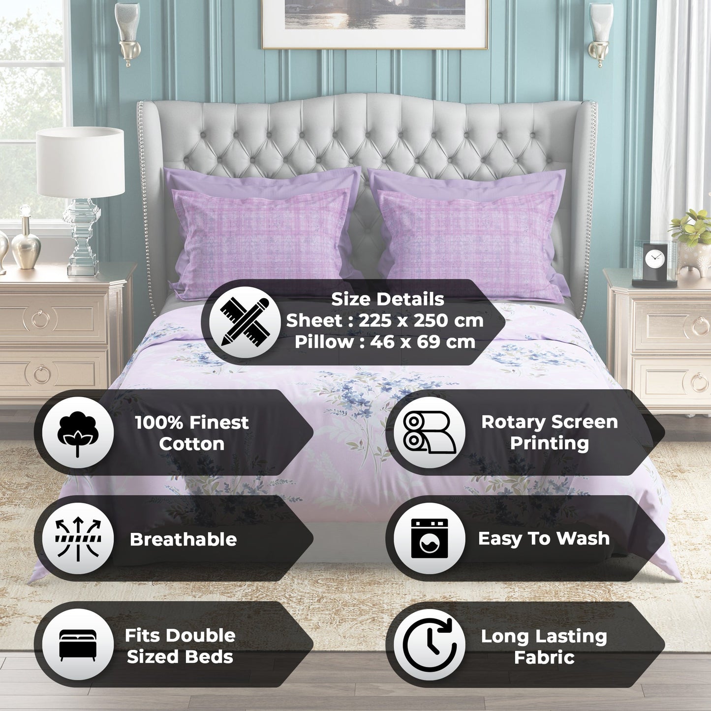 Studio Luxurious 144 TC 100% Cotton Purple Double Bedsheet