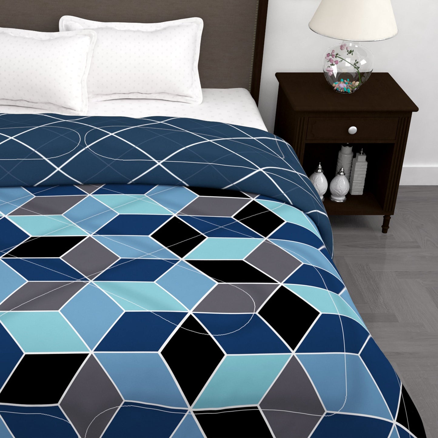 180 GSM Blue Hexagon Microfiber Fusion Reversible Double Comforter