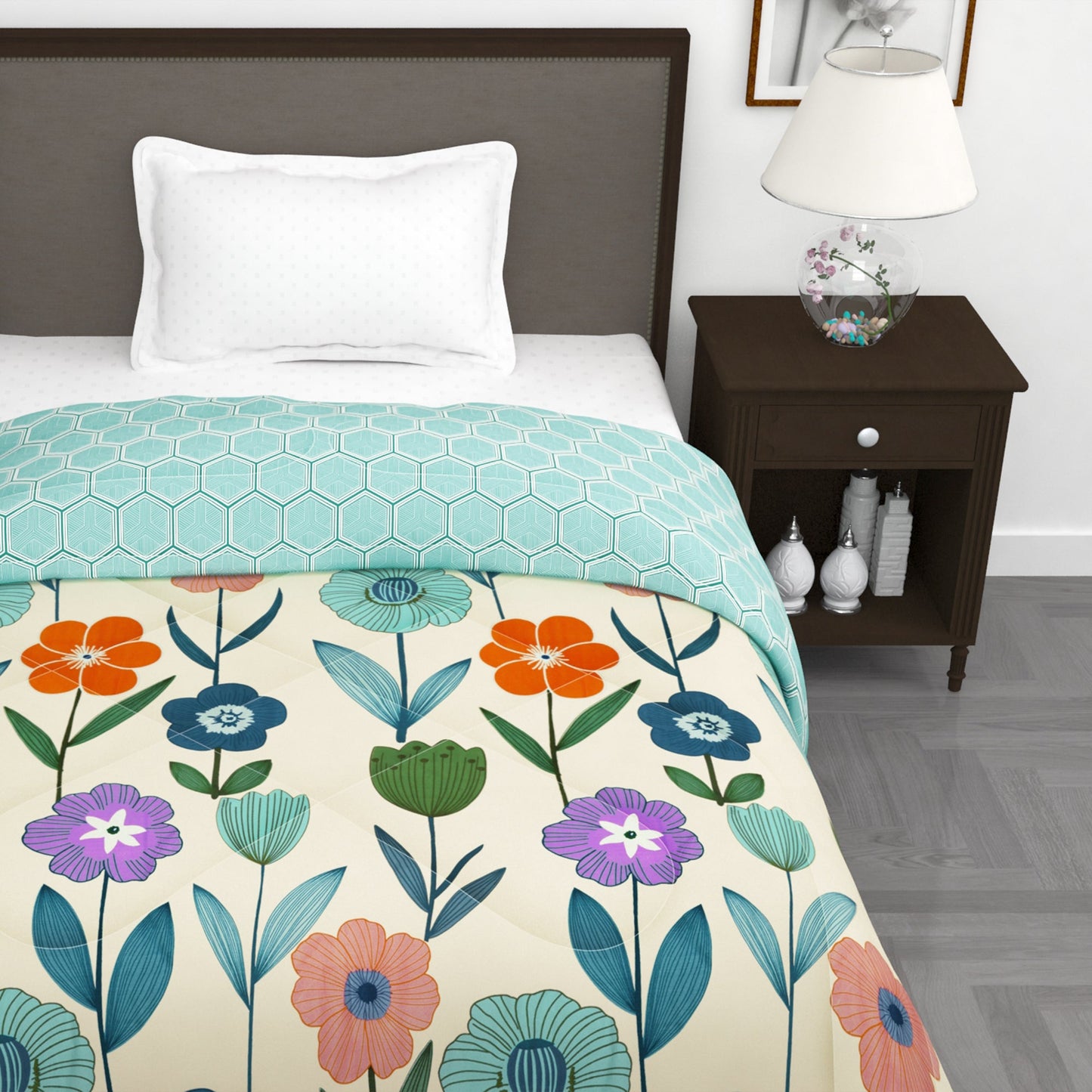 180 GSM Cream Floral Microfiber Fusion Reversible Single Comforter