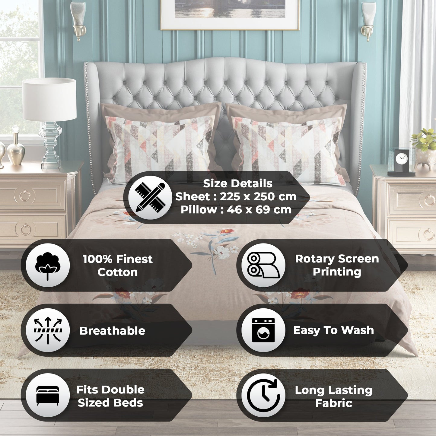 Studio Luxurious 144 TC 100% Cotton Peach Double Bedsheet