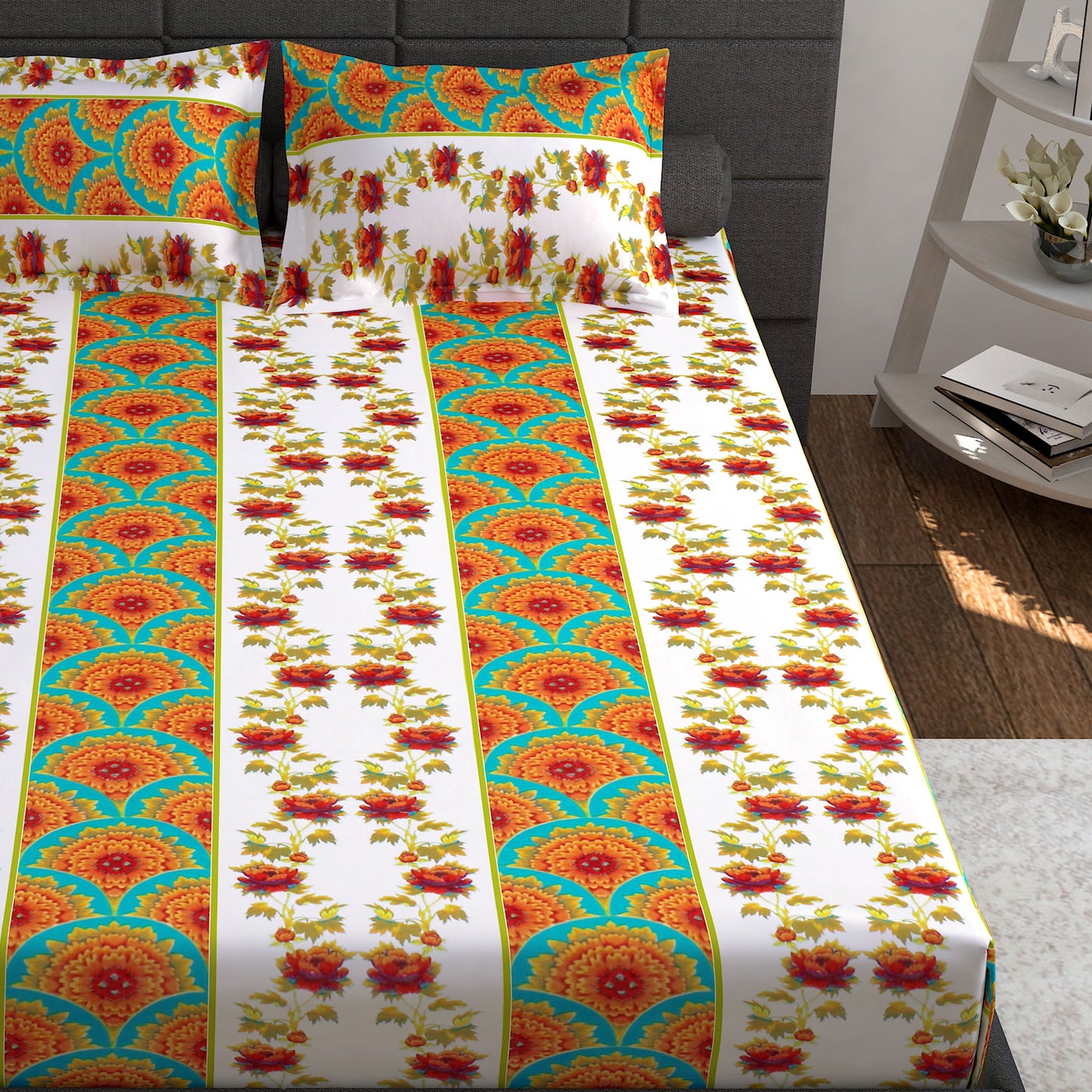 Ventura 144 TC White Floral Double Bedsheet