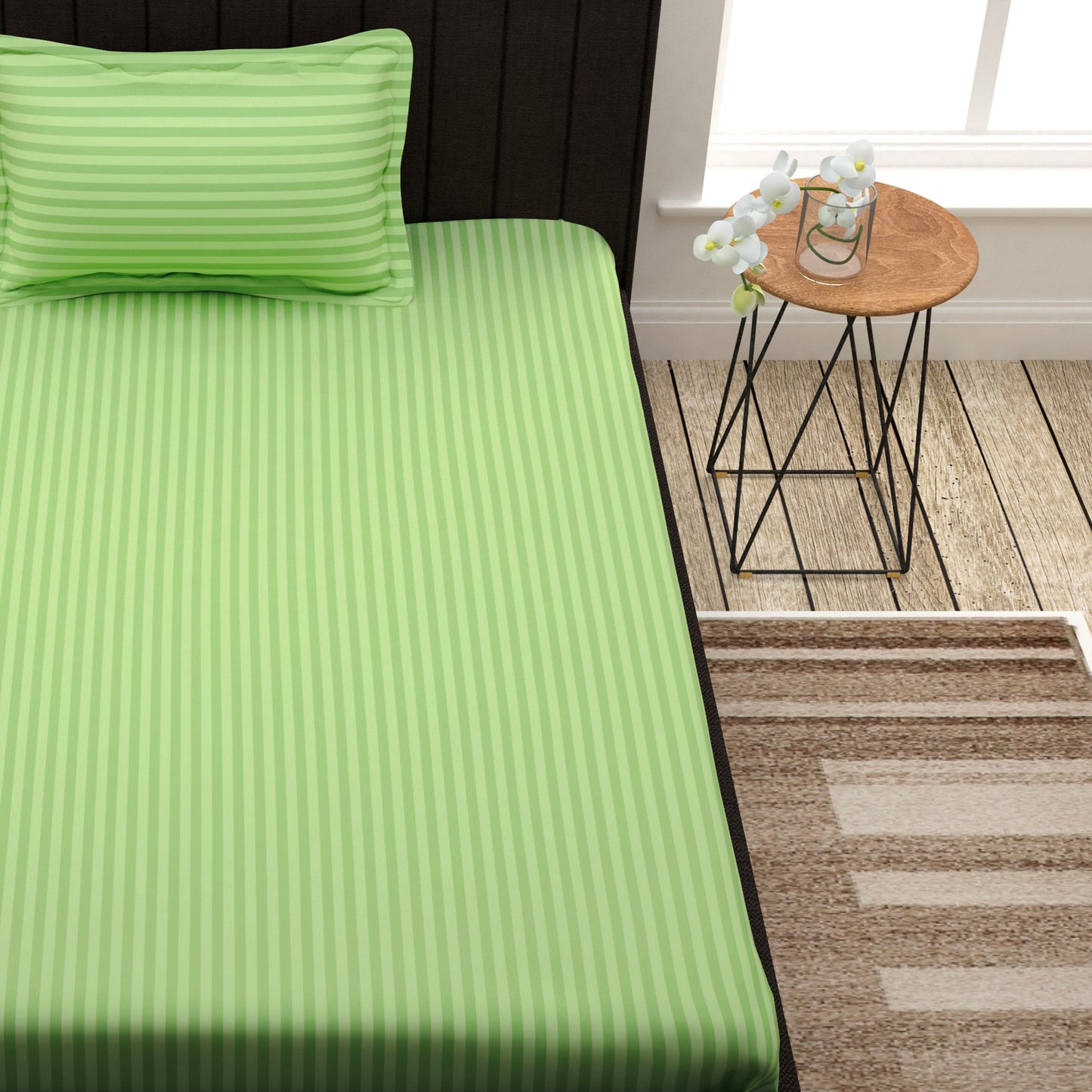 Avalon 300 TC 100% Cotton Light Green Satin Stripes Single Size Bedsheet
