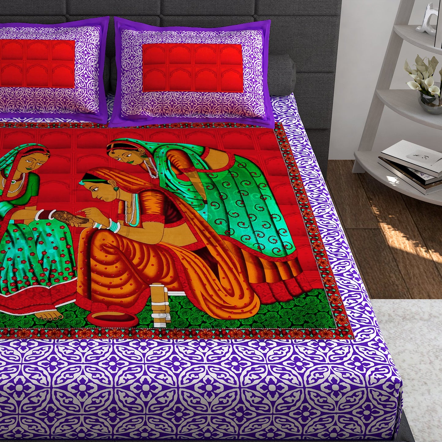 Ventura 144 TC Purple Traditional Rajasthani Double Bedsheet