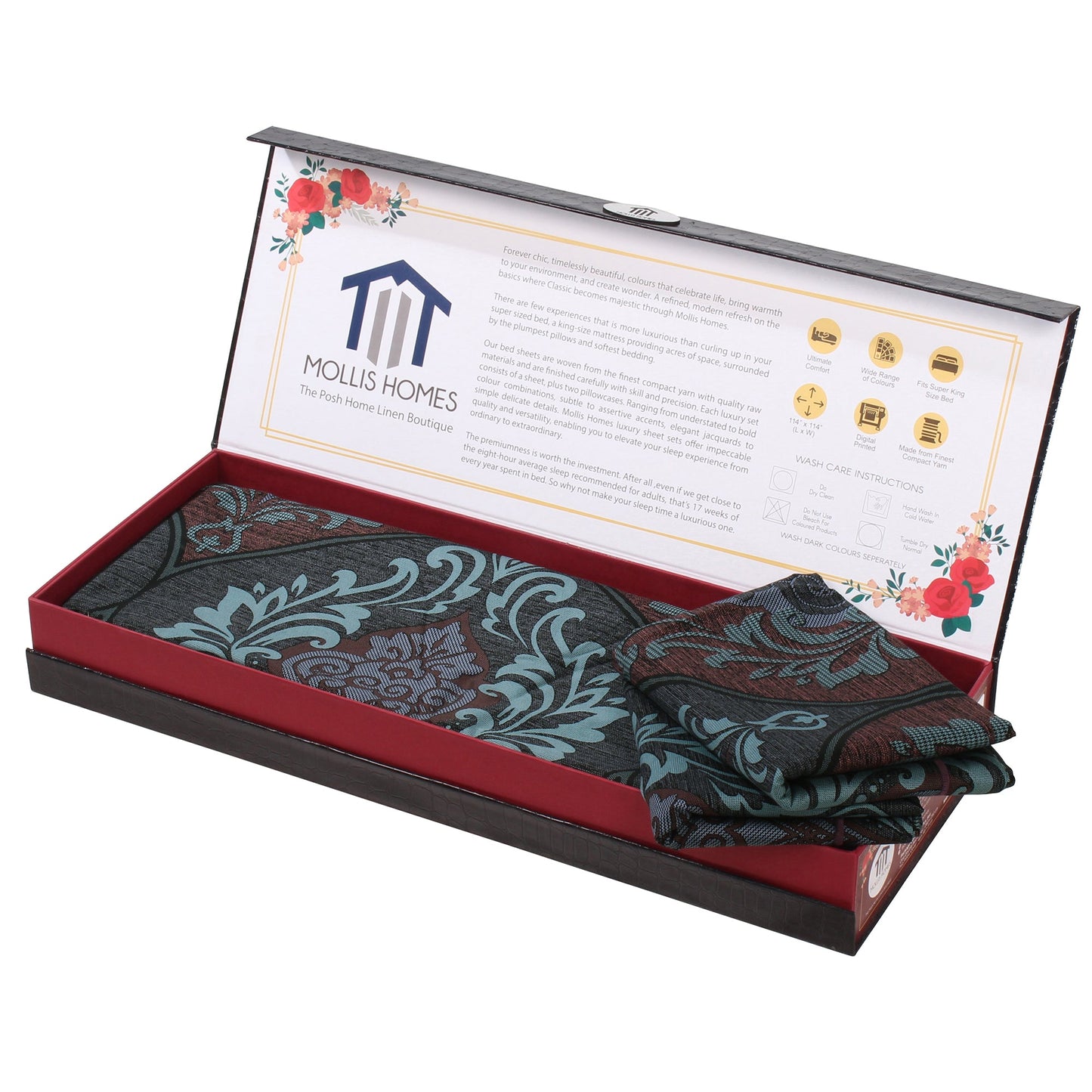 MOLLIS HOMES SUPER KING SIZE BEDSHEET - Damask Victor Pattern, Blue & Brown