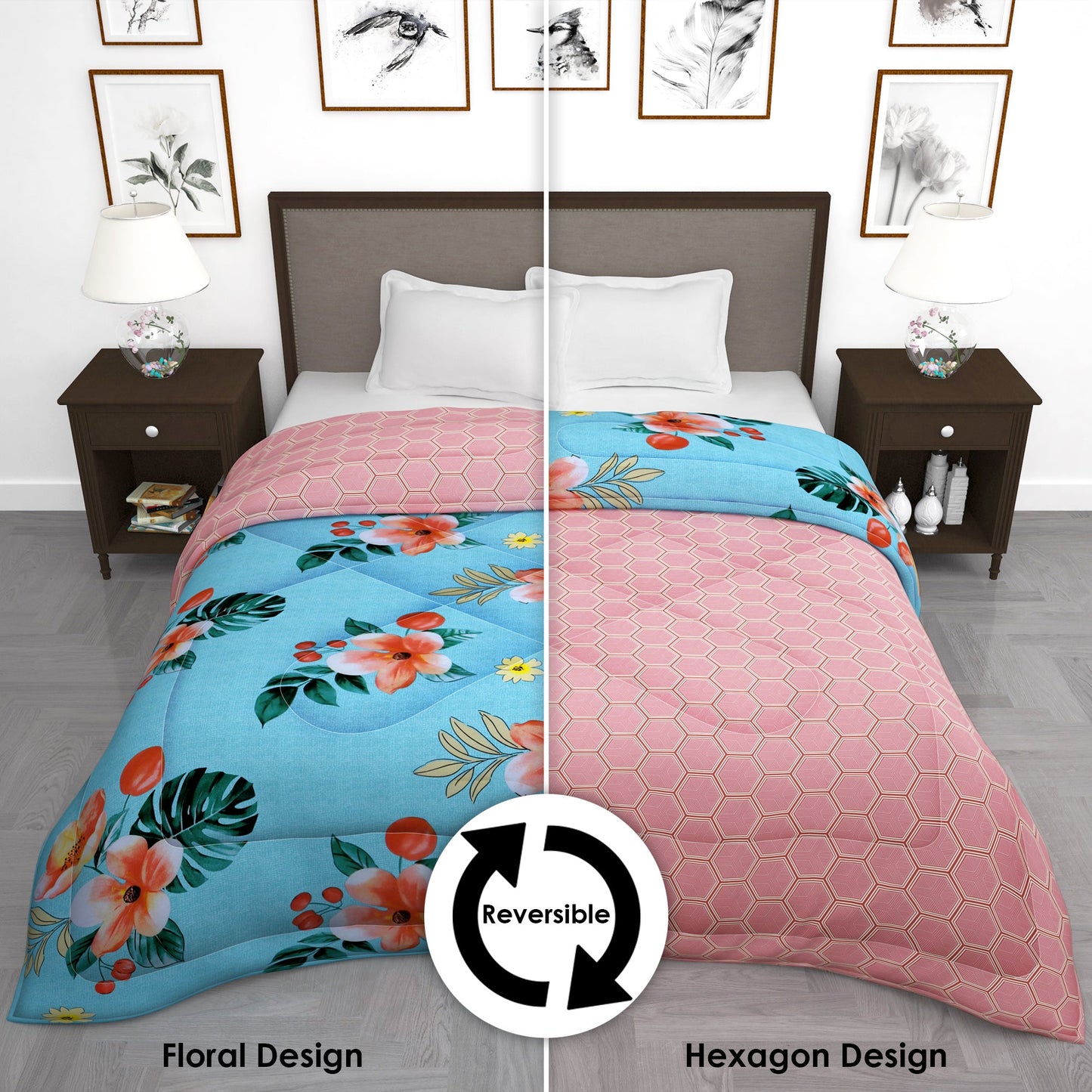 180 GSM Sky Blue Floral Microfiber Fusion Reversible Double Comforter