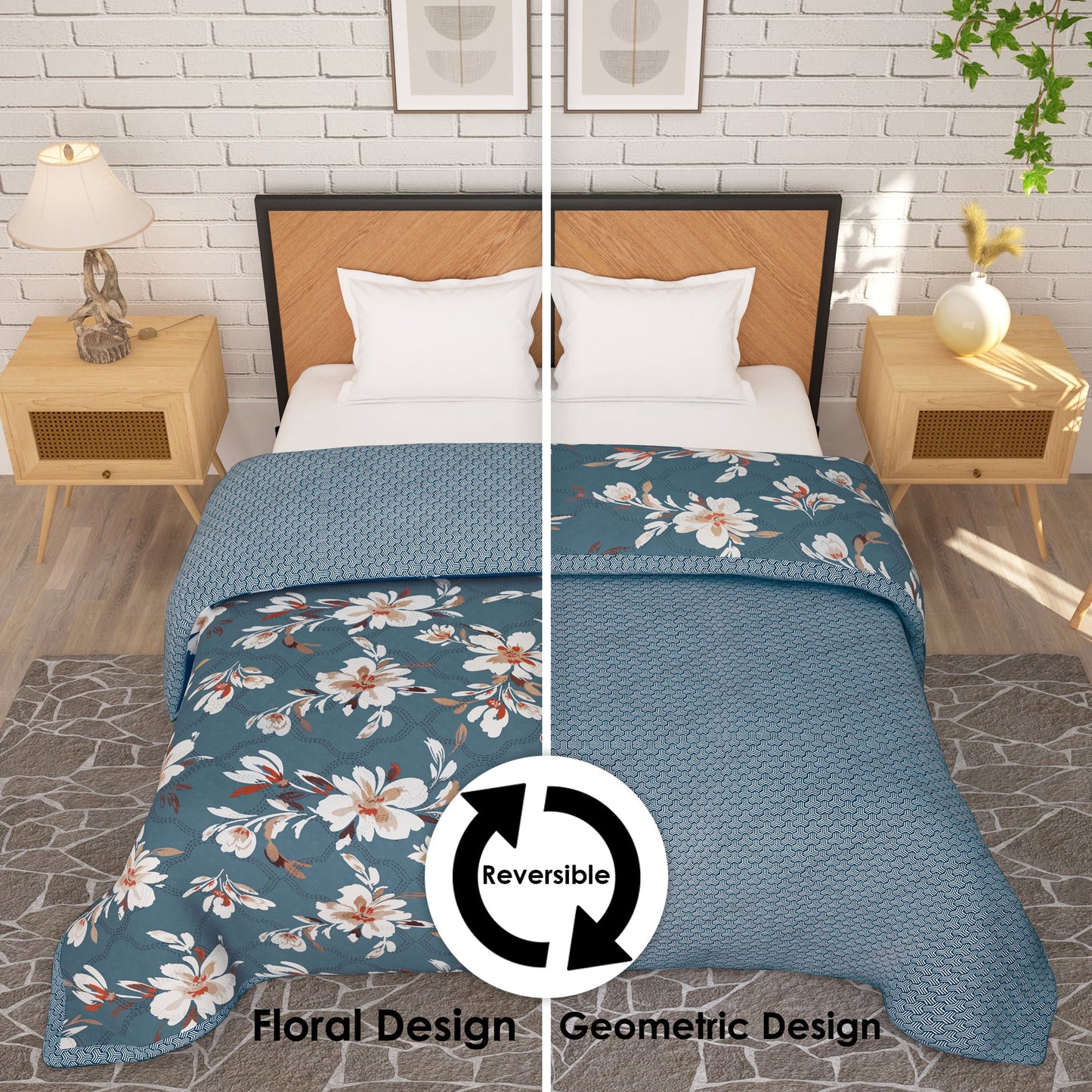 180 GSM Grey Floral Microfiber Fusion Reversible Double / Single Comforter