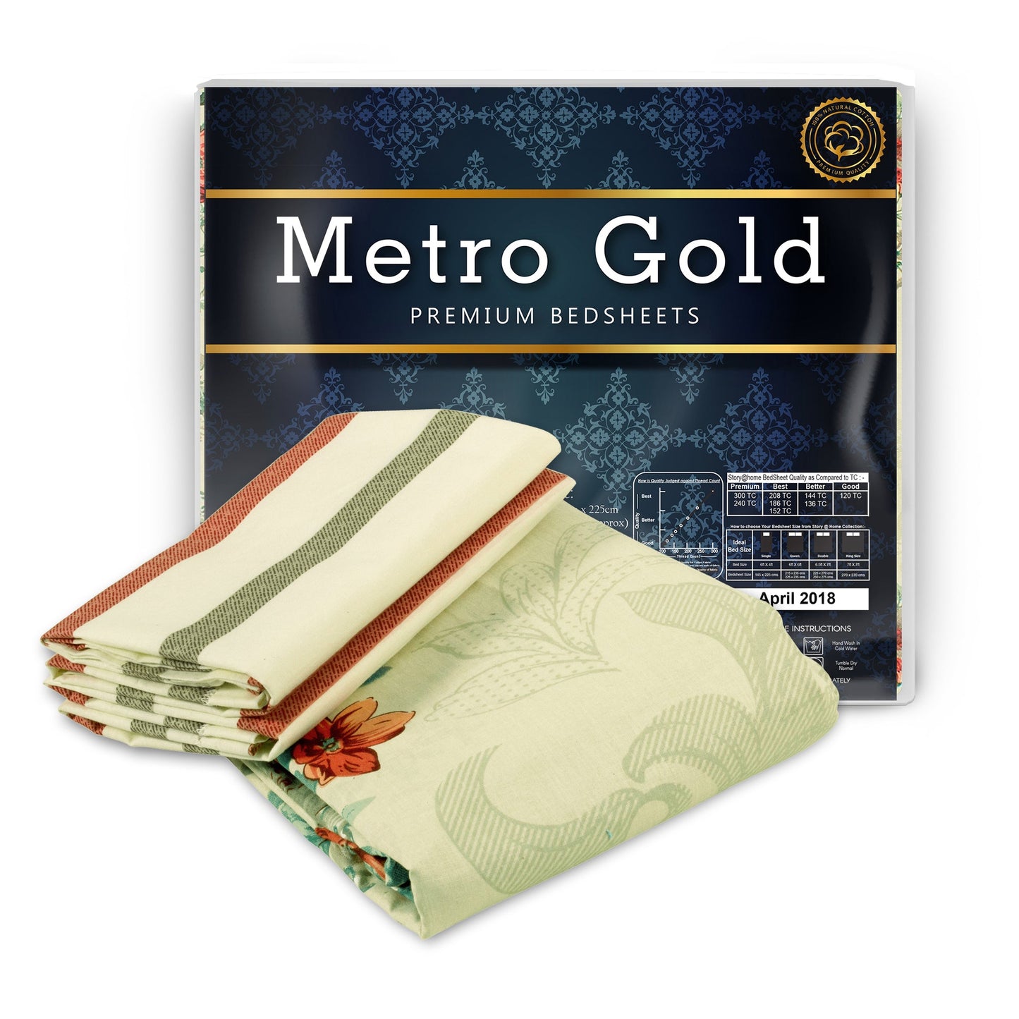 Metro Cotton Double Bedsheets Combo - 186 TC- Grey and Cream/Orange - Floral