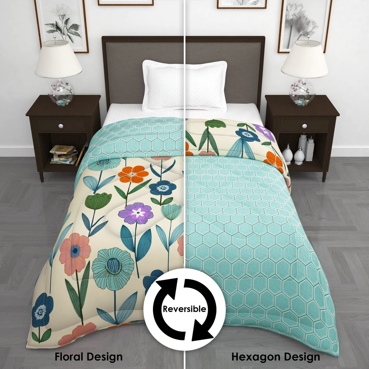 180 GSM Cream Floral Microfiber Fusion Reversible Single Comforter