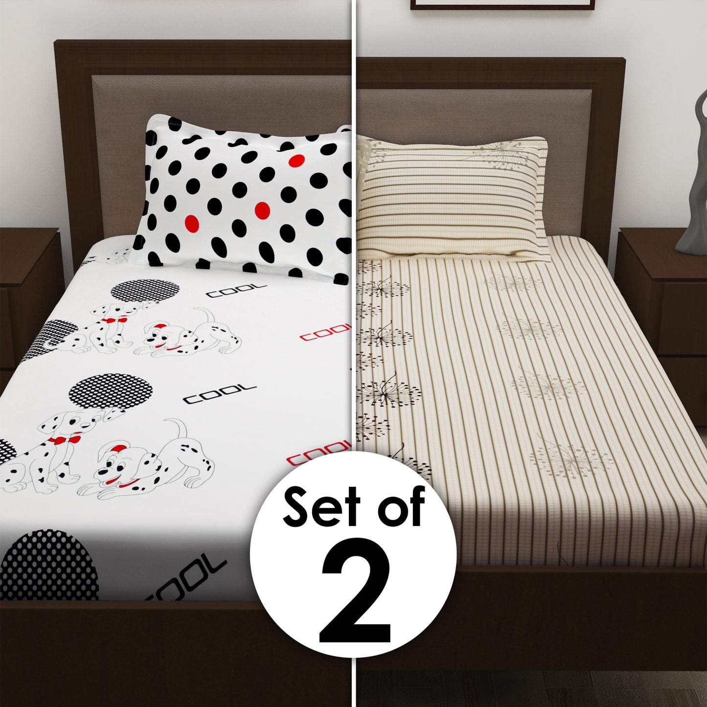 Metro Cotton Double Bedsheets Combo - 186 TC- Dalmatian / Polka Dots and Floral