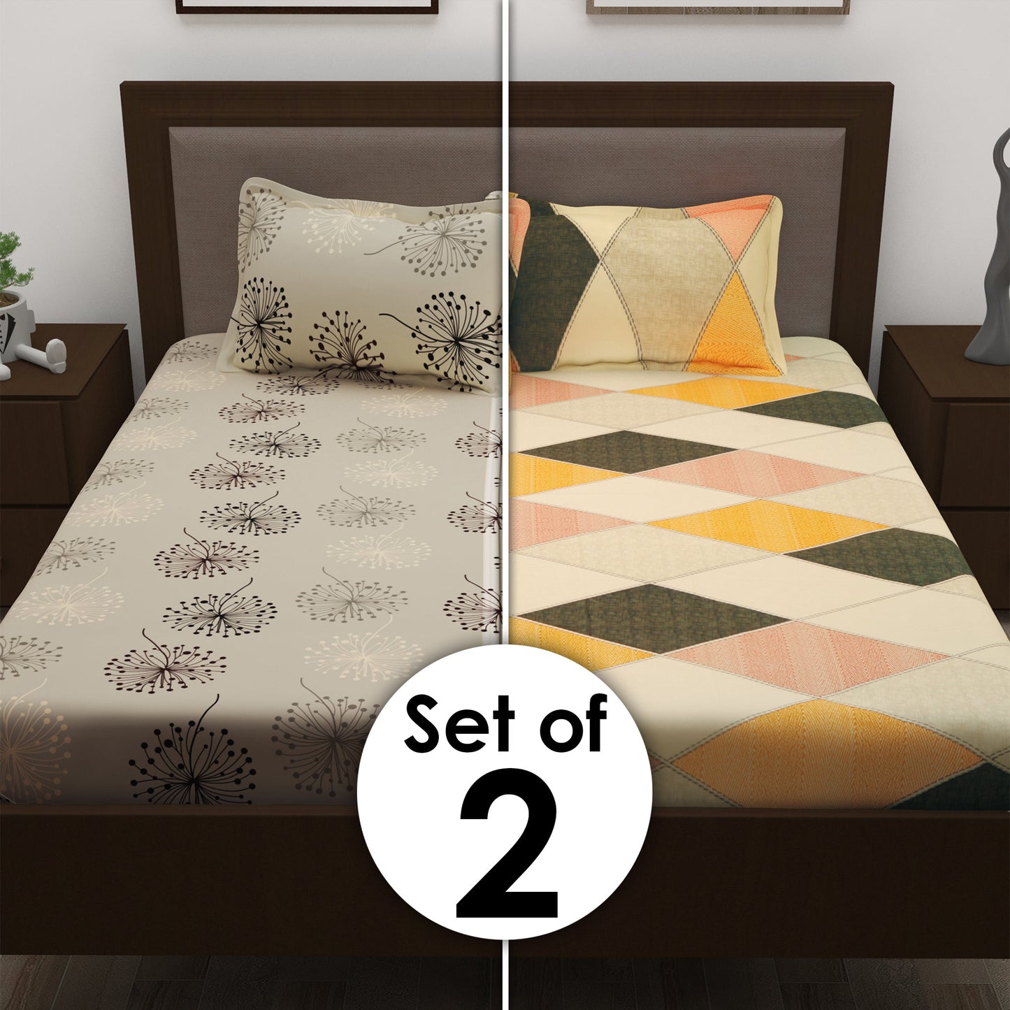 Metro Cotton Double Bedsheets Combo - 186 TC- Grey/Yellow and Grey - Floral