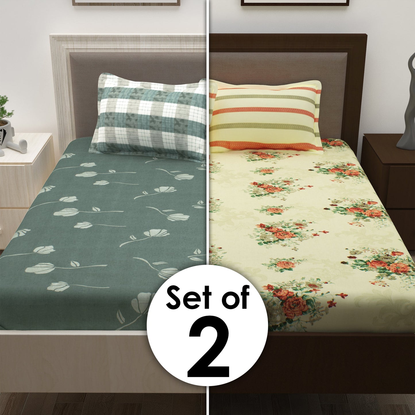 Metro Cotton Double Bedsheets Combo - 186 TC- Grey and Cream/Orange - Floral