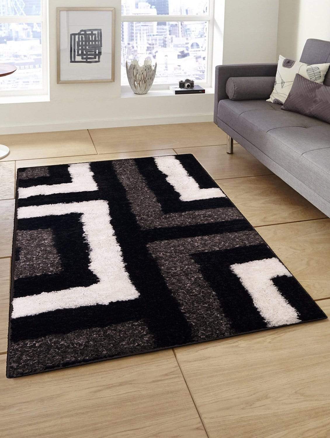 Geometric Pattern Dark Grey Carpet for Living Room & Bedroom