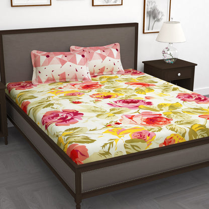 210 TC Cream Floral 1 King Size Bedsheet With 2 Pillow Cover