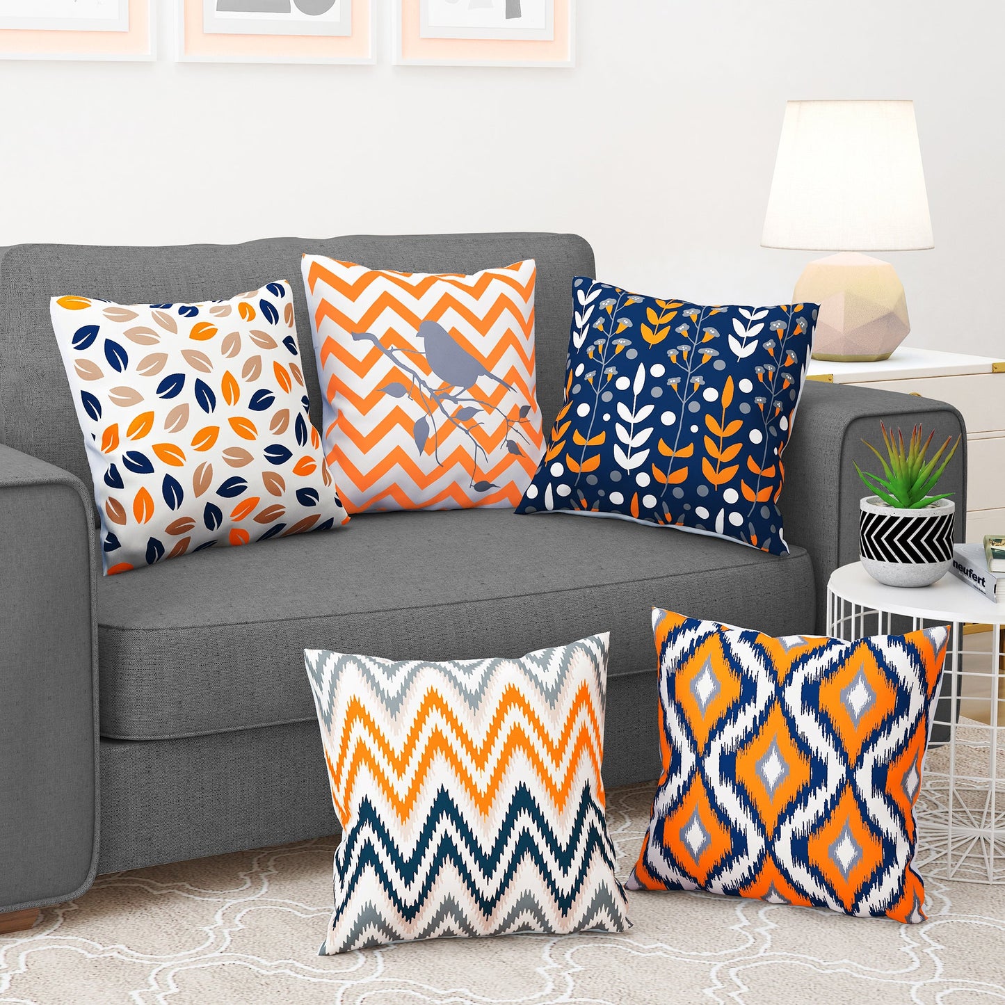 Story@Home Orange Abstract Polyester 5 Units of Helio Cushion Covers