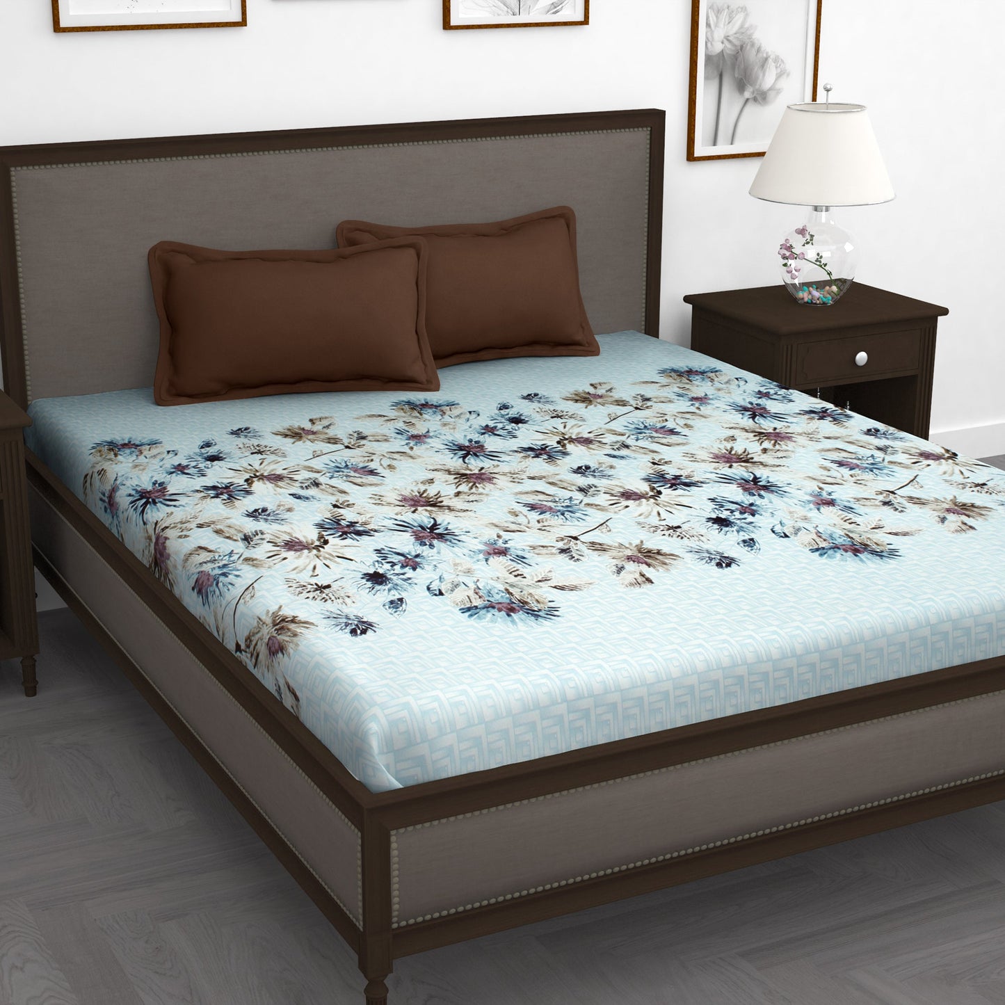 AVIATOR 210 TC Light Sky Blue Floral King Size Bedsheet