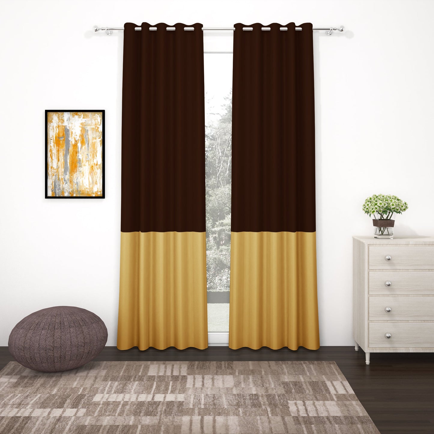 2 Pcs Brown-Gold Blackout Gold Faux Silk Room Darkening Door Curtains, 7 Ft