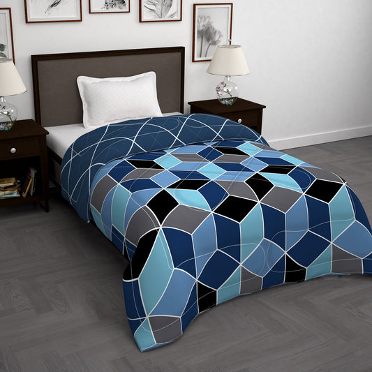 180 GSM Blue Hexagon Microfiber Fusion Reversible Single Comforter