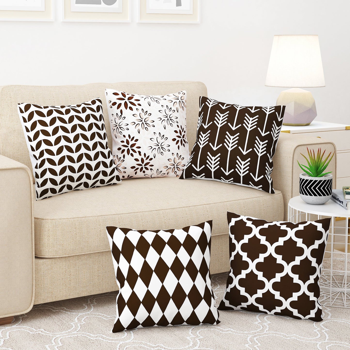 Story@Home Brown Abstract Polyester 5 units of Helio Cushion Covers