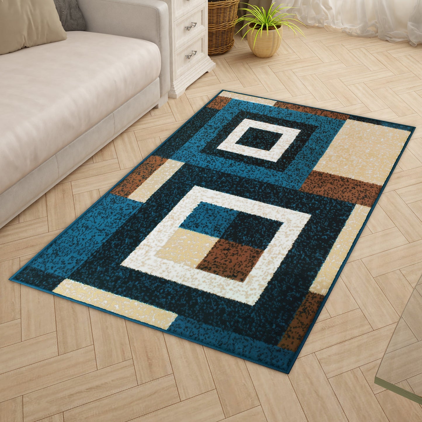 Blue Geometric Rustico Rug/Carpet with Anti Skid Backing