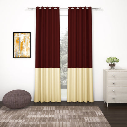 2 Pcs Maroon-Beige Blackout Gold Faux Silk Room Darkening Door Curtains, 7 Ft