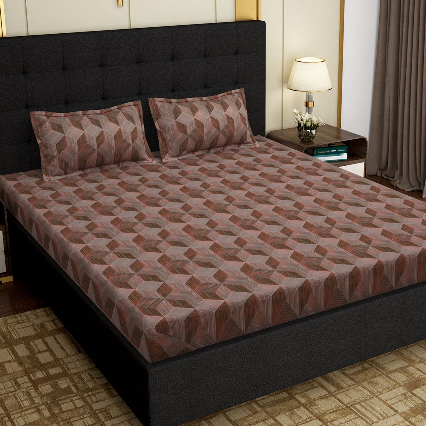 MOLLIS HOMES SUPER KING SIZE BEDSHEET  - Brown, 3D Cube Pattern