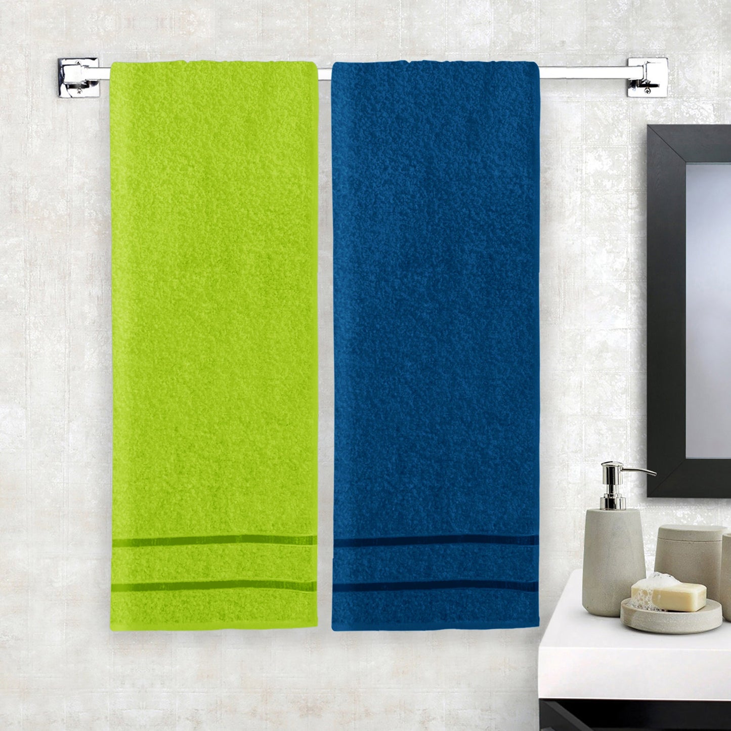 Story@Home 2 Units 100% Cotton Bath Towels - Green and Navy Blue