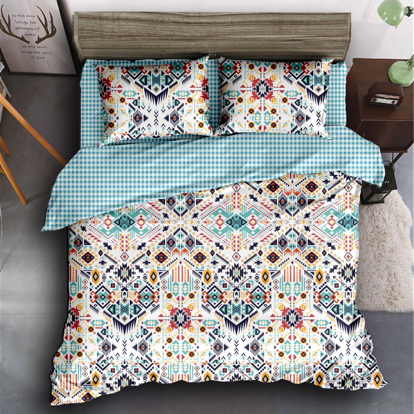 Boho Styled 240 TC White & Blue Geometric Double Size Bedsheet With 2 Pillow Covers