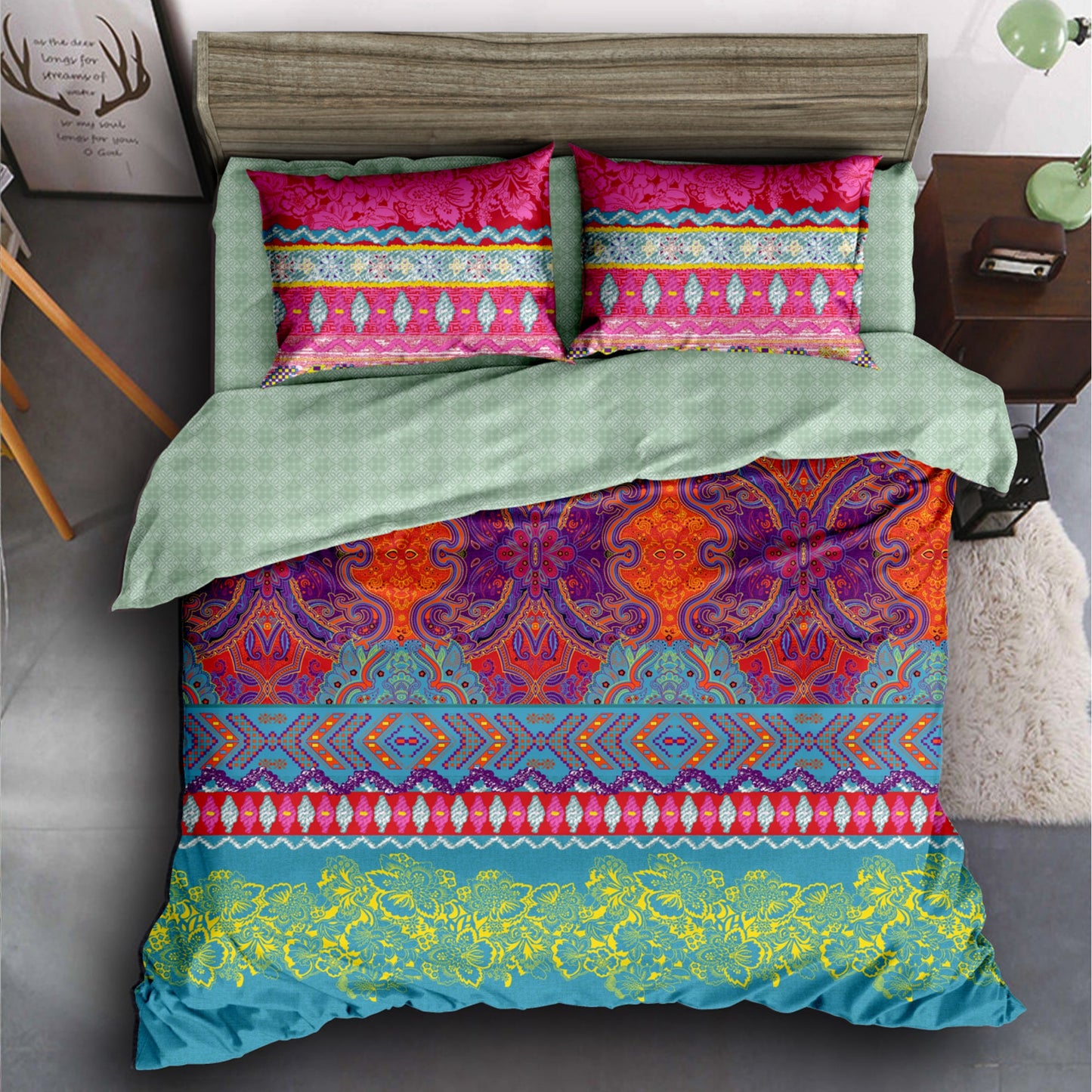 Boho Styled 240 TC Purple & Orange Motif Double Size Bedsheet With 2 Pillow Covers