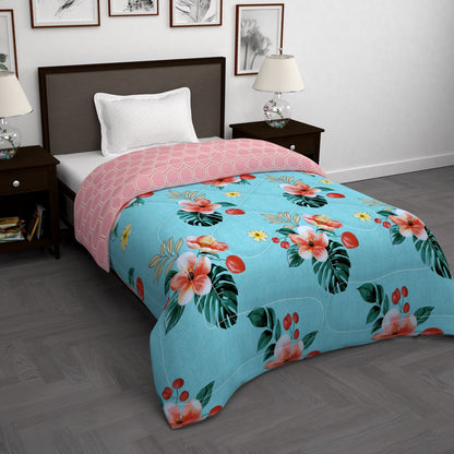 180 GSM Sky Blue Floral Microfiber Fusion Reversible Single Comforter