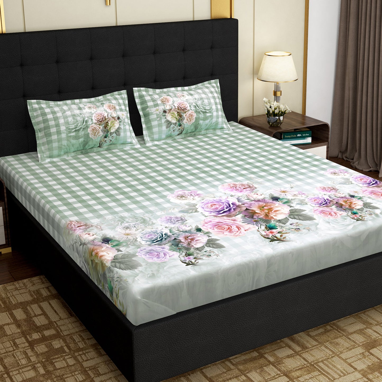 PAVO MOLLIS HOMES SUPER KING SIZE BEDSHEET - Floral Checks, Grey and Pink