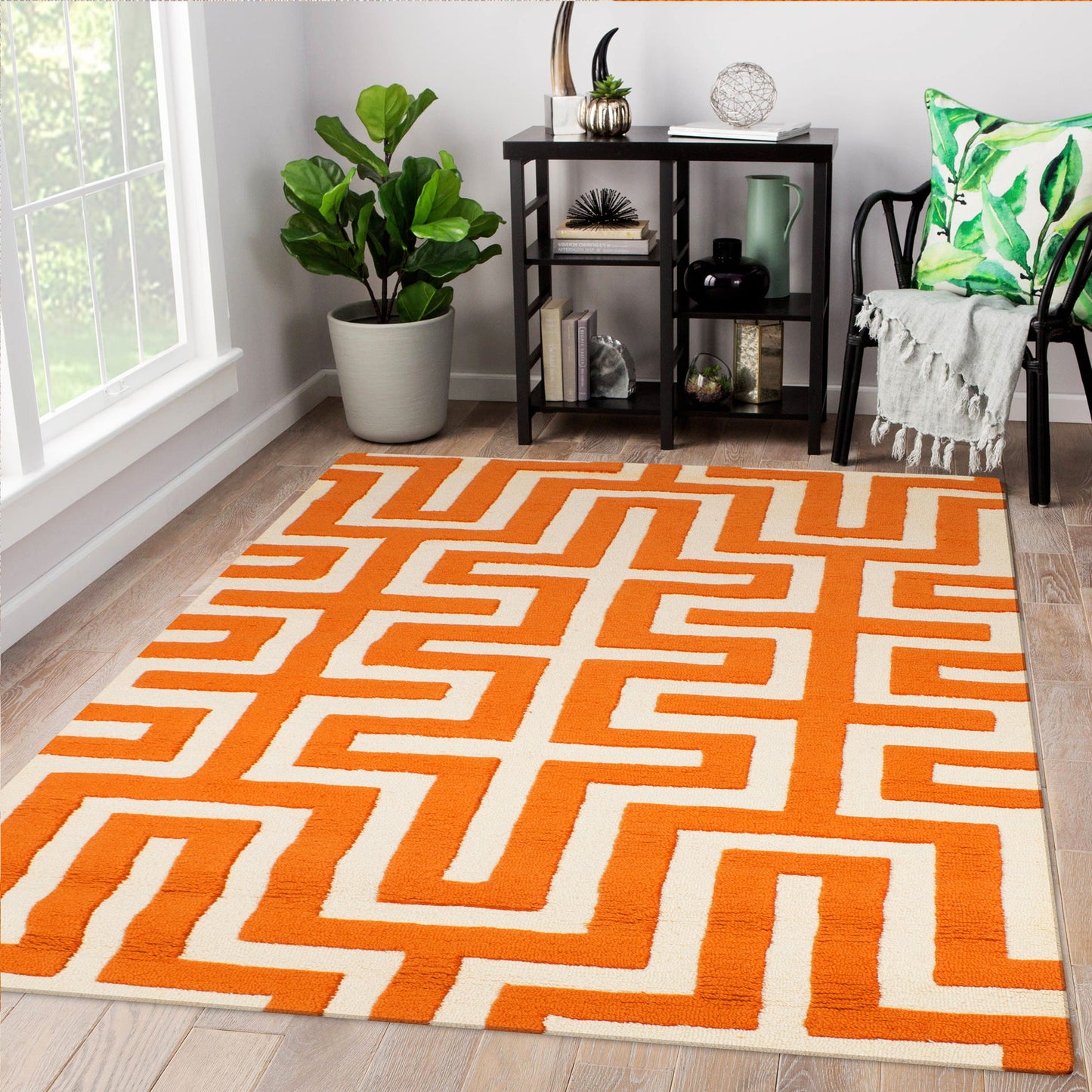Orange Woolen Handmade Abstract Bhadohi Carpet
