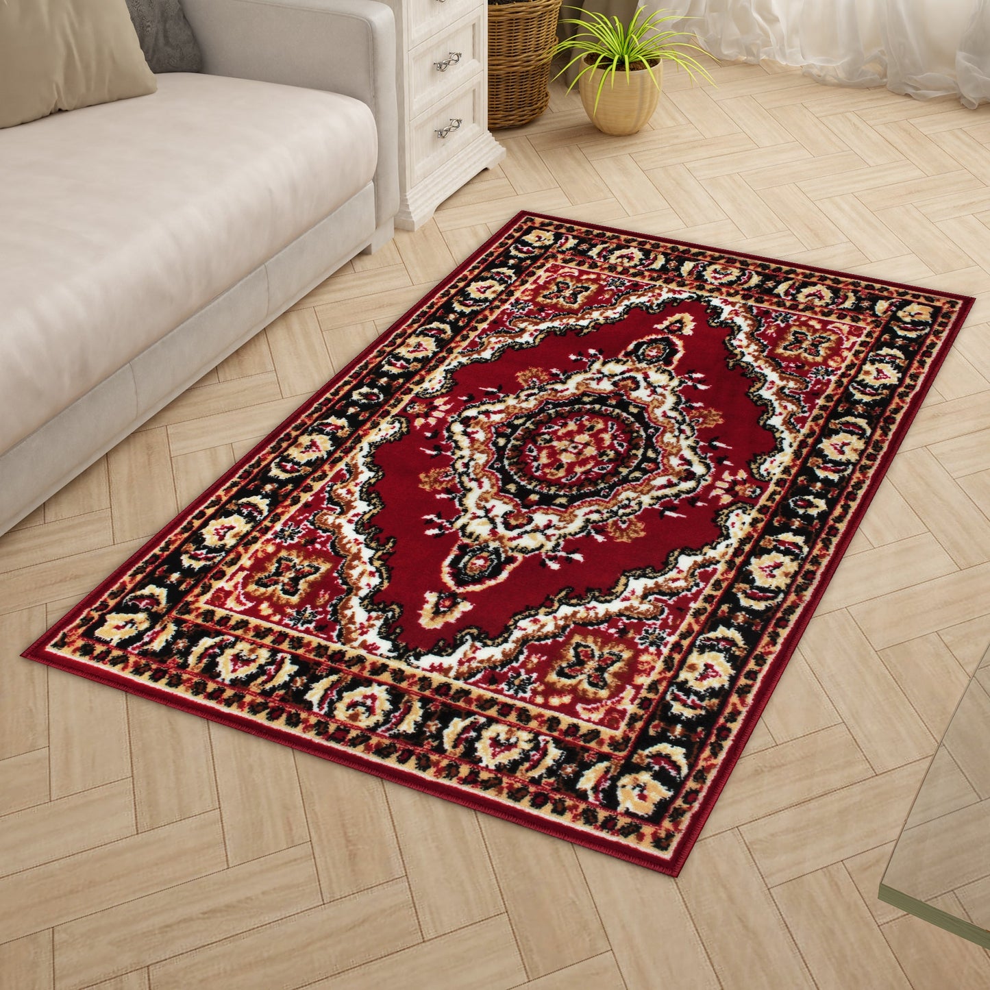 Red Motif Rustico Rug/Carpet with Anti Skid Backing