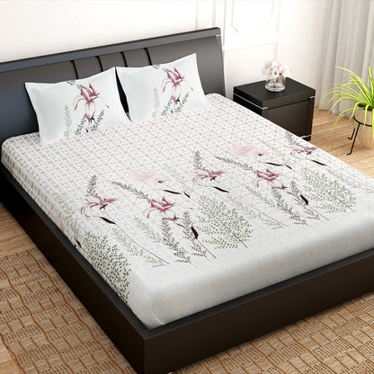 PAVO Tranquil Luxurious White Floral King Size Bedsheet