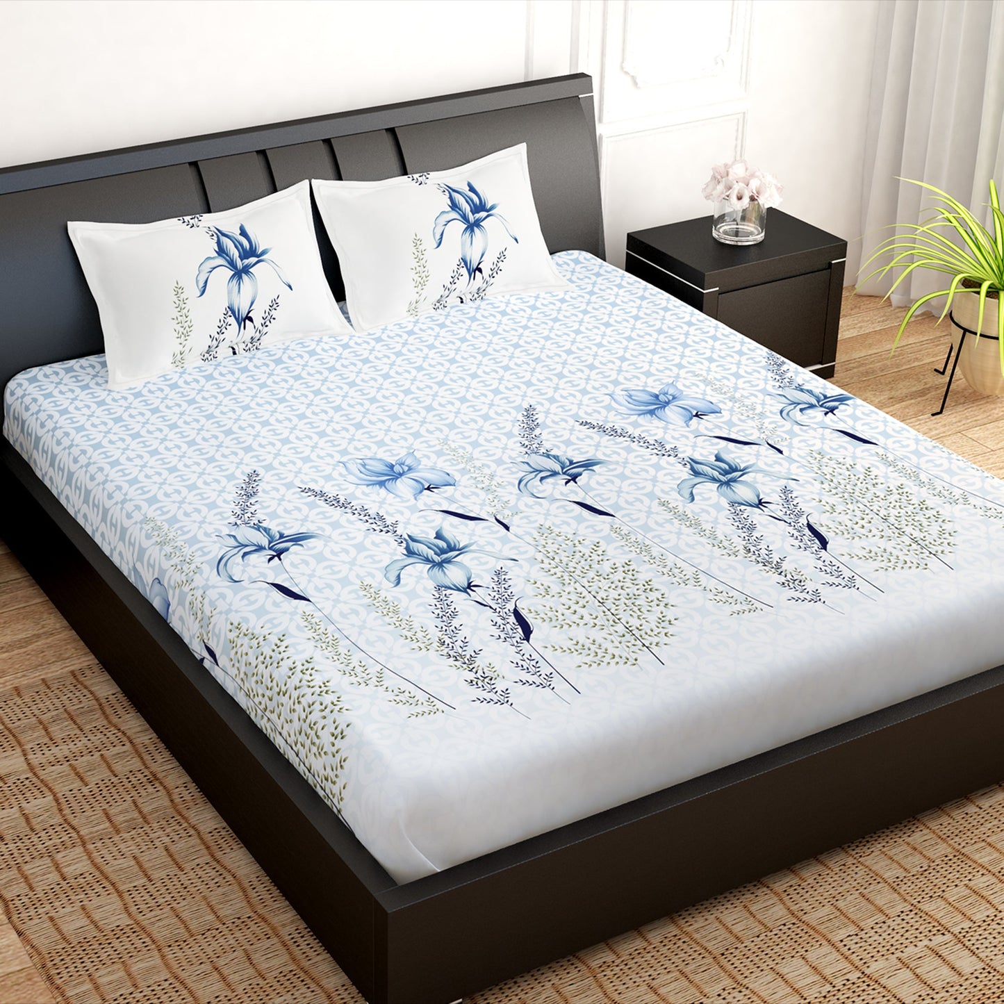 PAVO Tranquil Luxurious Blue & White Floral King Size Bedsheet