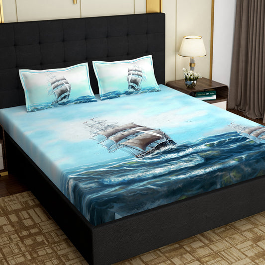 PAVO MOLLIS HOMES SUPER KING SIZE BEDSHEET - Blue, Sailing Ship