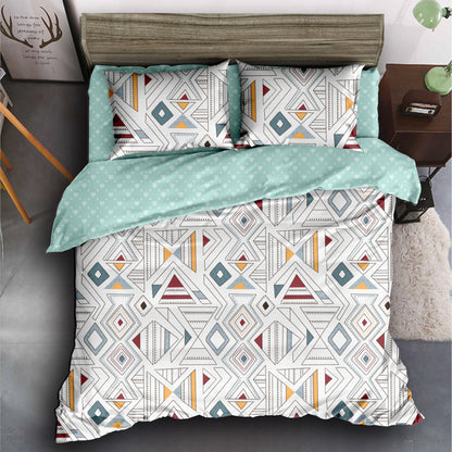 Boho Styled 240 TC White Geometric Double Size Bedsheet With 2 Pillow Covers