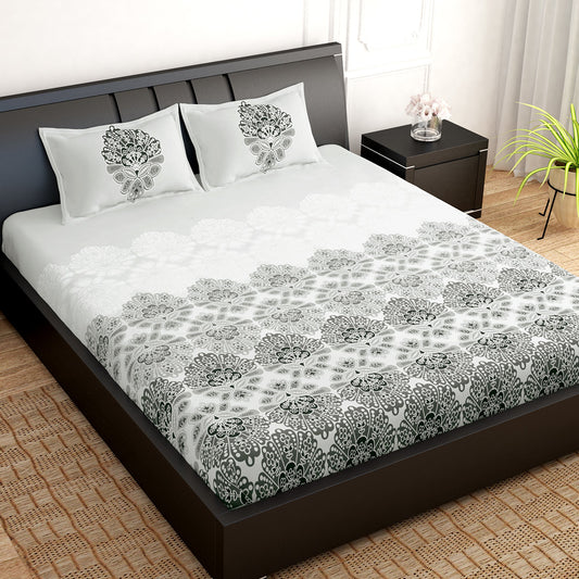 PAVO Tranquil Luxurious Grey & White Floral King Size Bedsheet