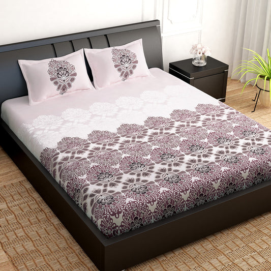 PAVO Tranquil Luxurious White & Brown Floral King Size Bedsheet