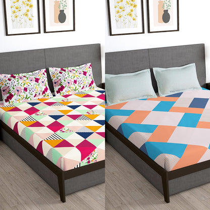 Story@Home 2 Pcs Arena Microfiber Double Bedsheets Combo With 4 Pillow Covers - Multicolor & Peach