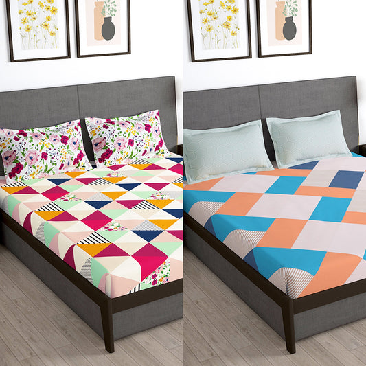 Story@Home 2 Pcs Arena Microfiber Double Bedsheets Combo With 4 Pillow Covers - Multicolor & Peach