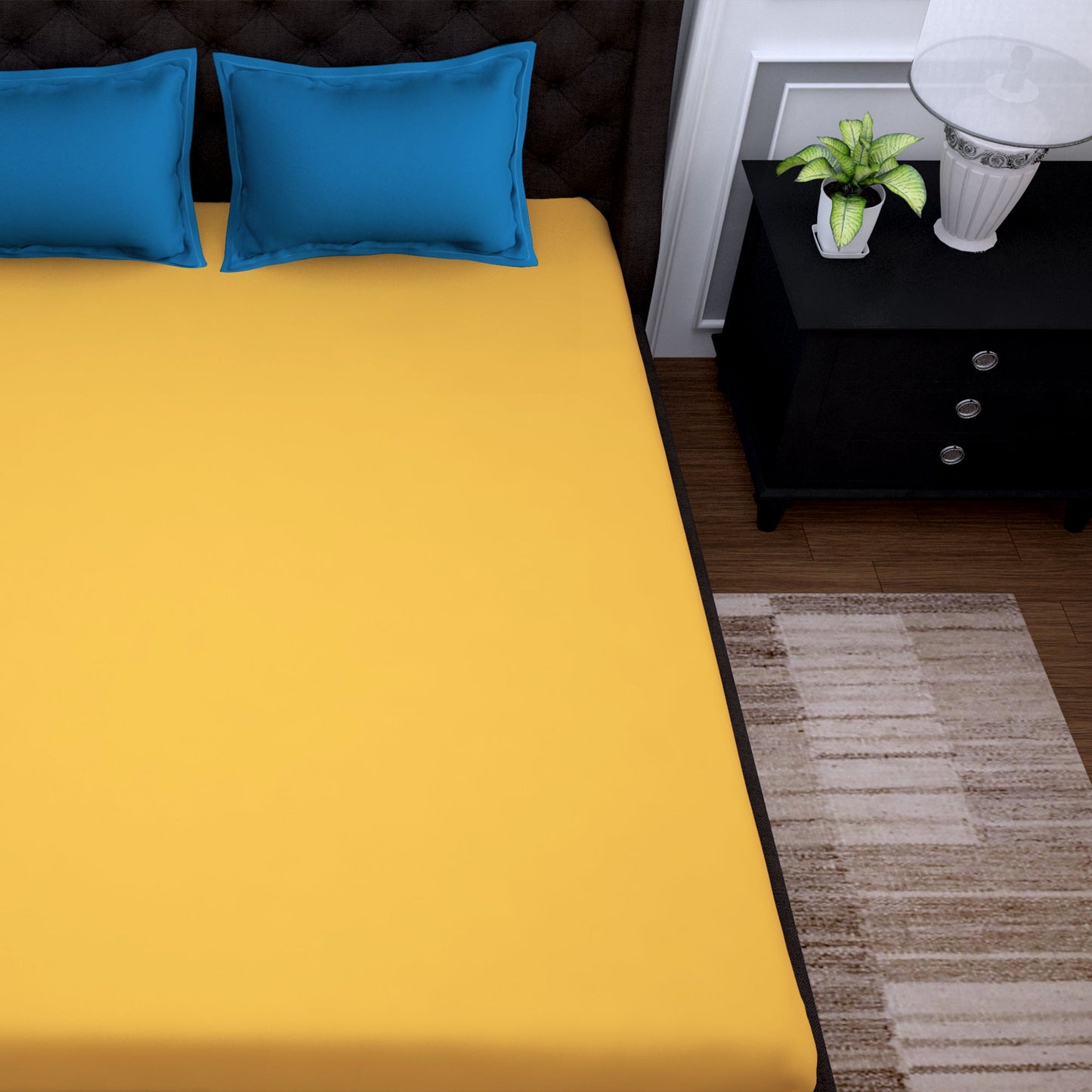 PAVO Tranquil Solid Luxurious King Bedsheet Lemon (Yellow and Blue)