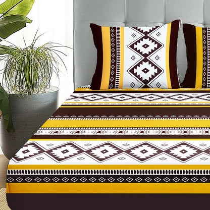 Boho Styled 240 TC Black & Yellow Geometric Double Size Bedsheet With 2 Pillow Covers