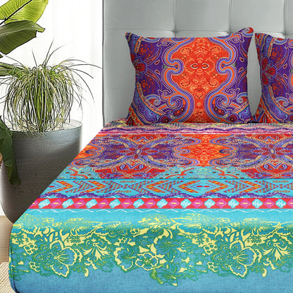 Boho Styled 240 TC Purple & Orange Motif Double Size Bedsheet With 2 Pillow Covers