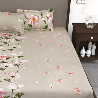 210 TC Cream Floral 1 King Size Bedsheet With 2 Pillow Cover