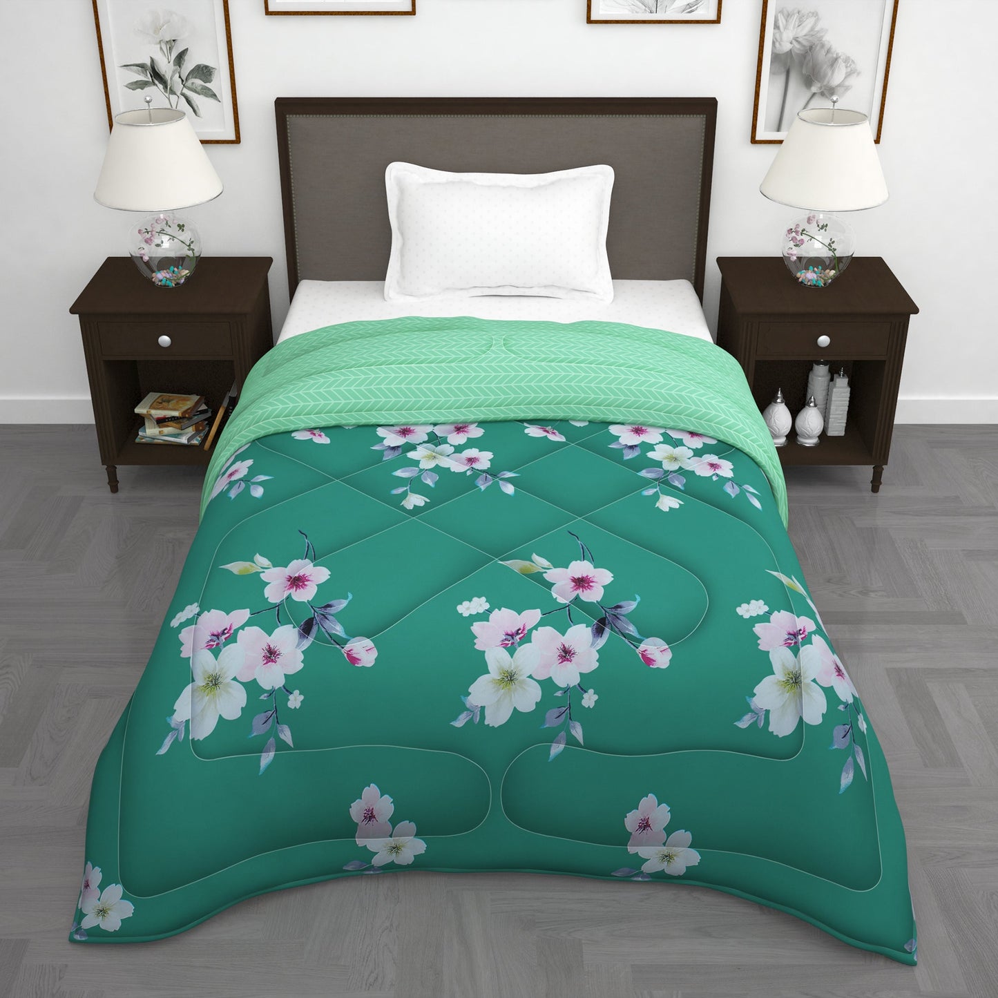 180 GSM Green Floral Microfiber Fusion Reversible Single Comforter