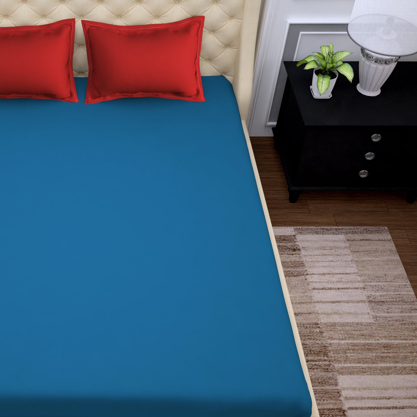 PAVO Tranquil Solid Luxurious King Bedsheet - Blue and Red