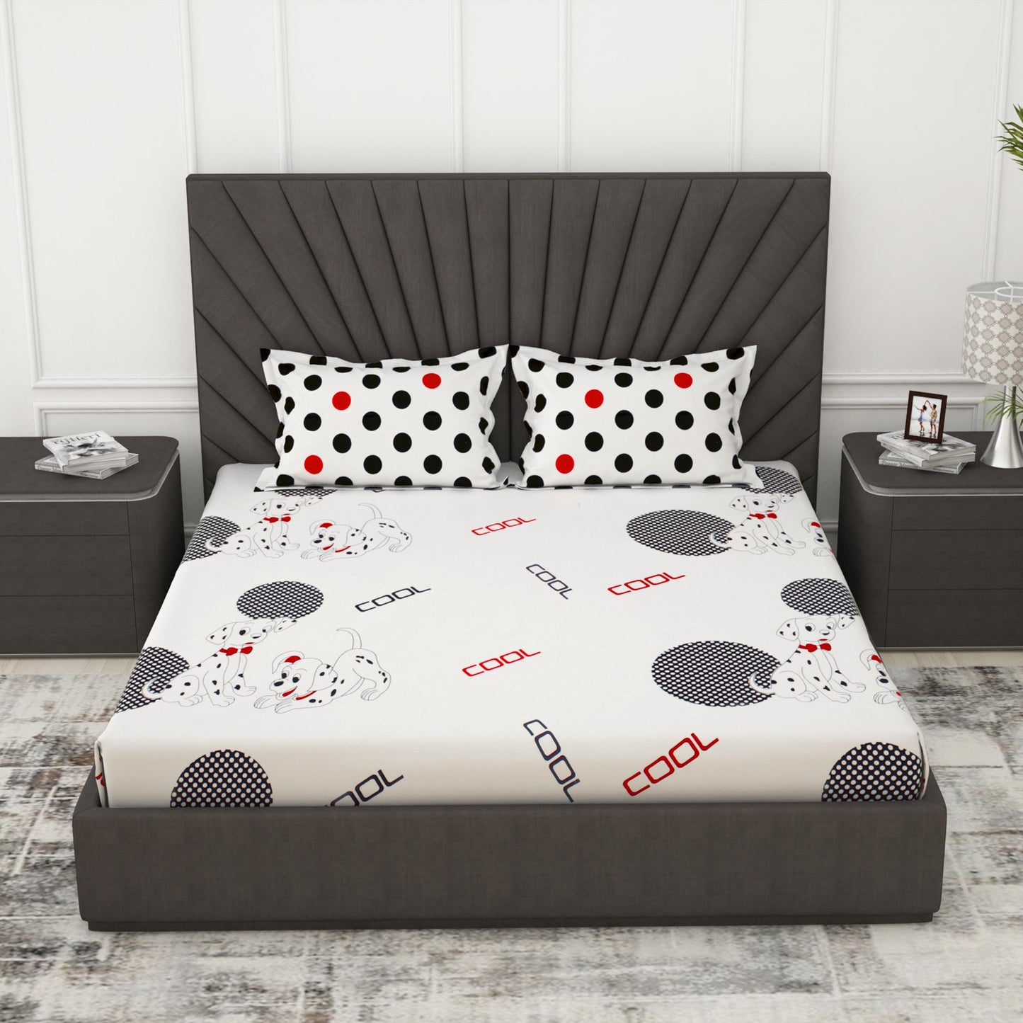 Metro 186 TC 100% Cotton White and Black Cartoon Double Bedsheet